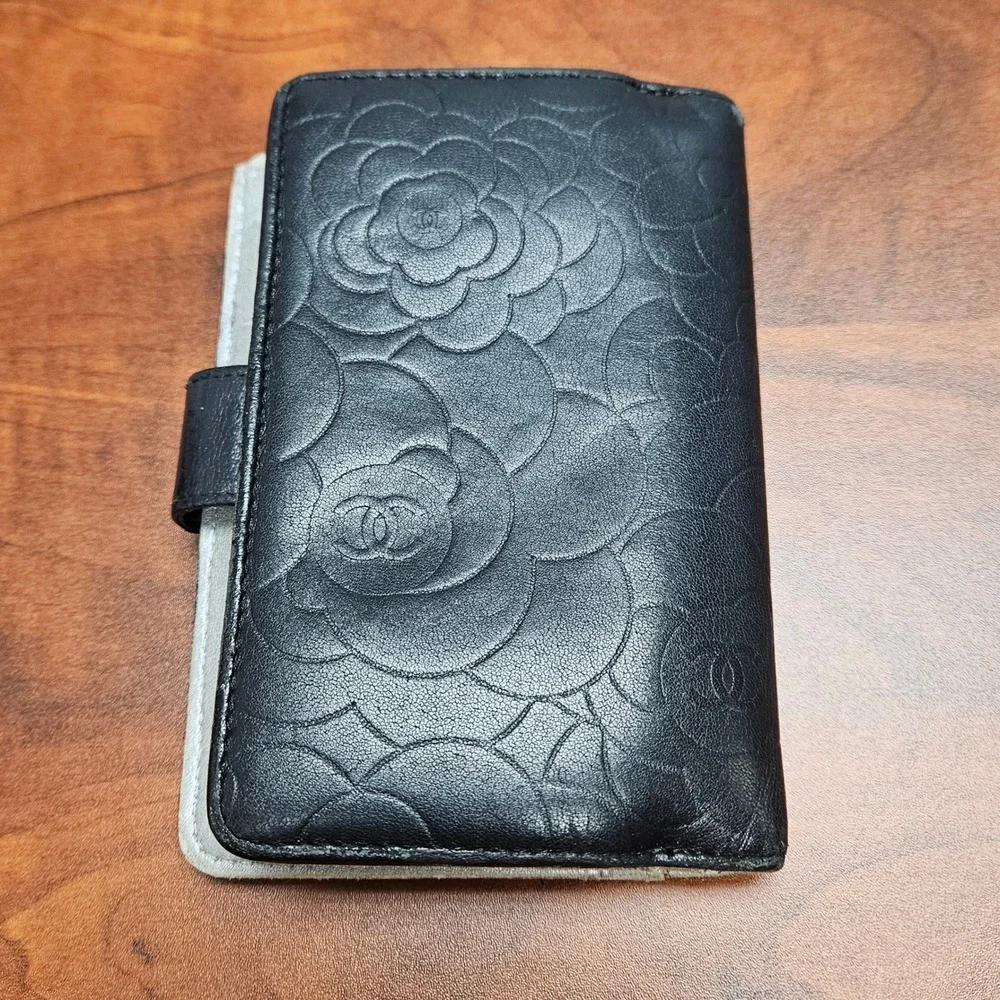 CHANEL Camellia Embossed Lambskin Organizer Wallet Black Silver CC 16 Series